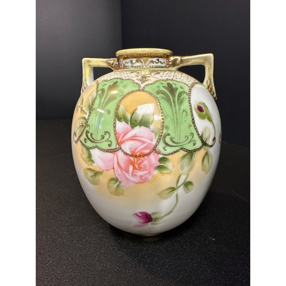 Antique Nippon Moriage Vase Roses Gold Handles‎ M-in-Wreath Mark Damaged Panel
